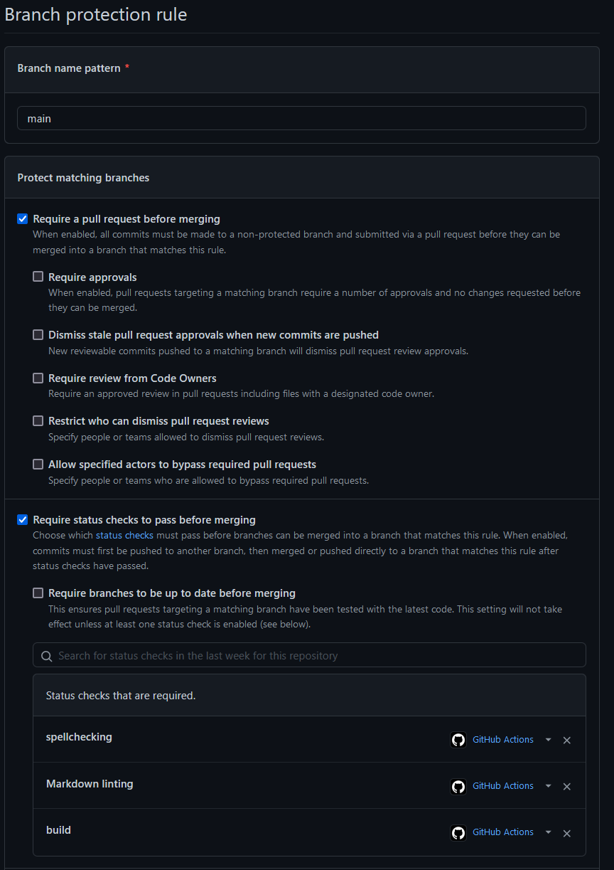 Branch protection settings for the main branch